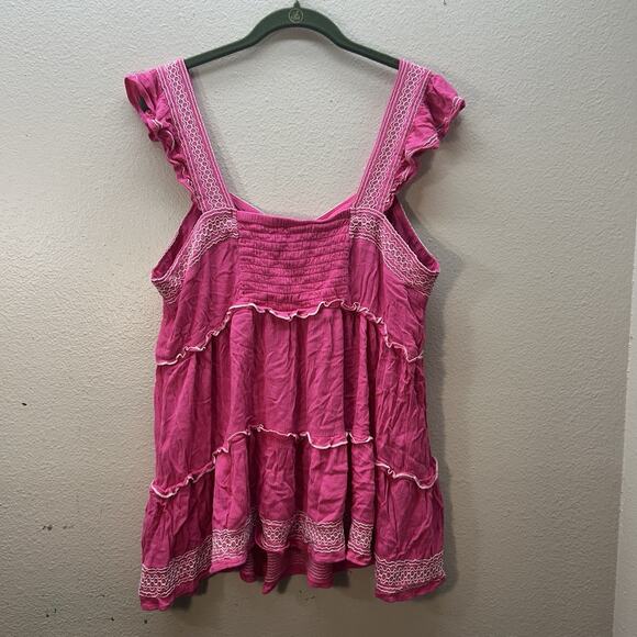 Torrid Embroidered Tiered Crinkle Gauze Babydoll Top Sz 1X Pink Boho Cottagecore - Picture 5 of 5